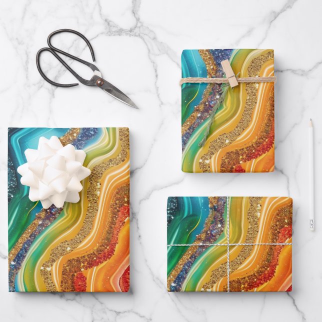 Rainbow glitter agate pattern party wrapping paper sheets (Front)