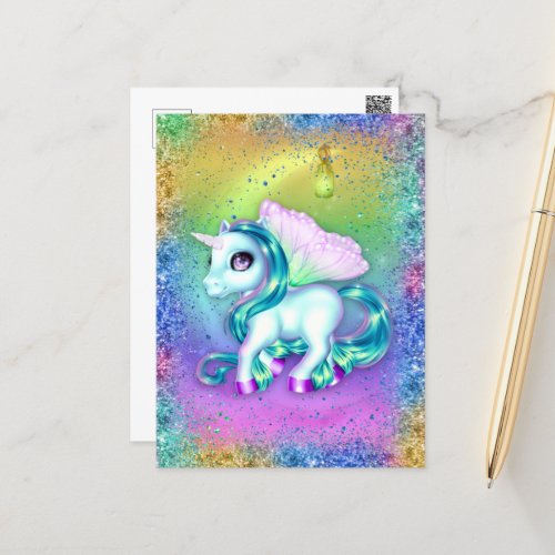 Rainbow Glitter and Moon Unicorn  Postcard