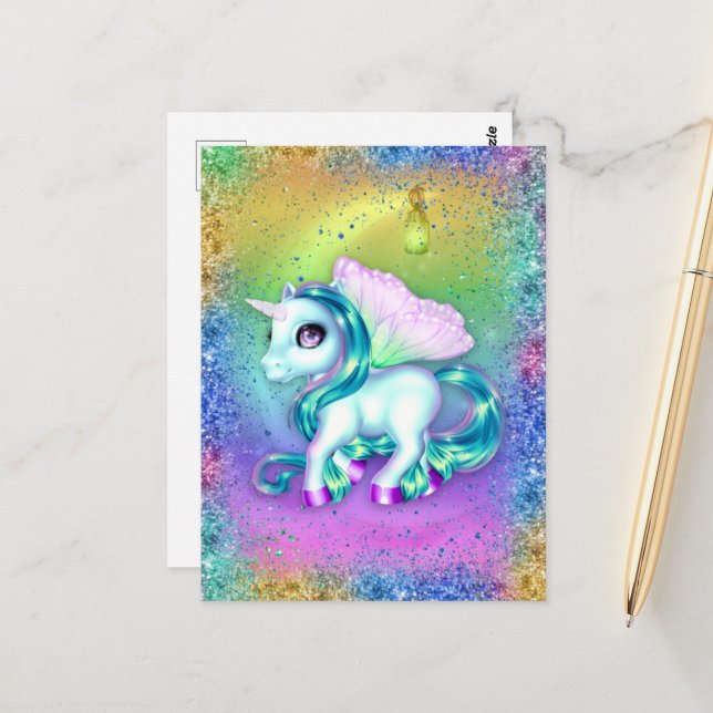Rainbow Glitter and Moon Unicorn  Postcard (Front/Back In Situ)