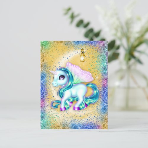Rainbow Glitter and Yellow Moon Unicorn Postcard