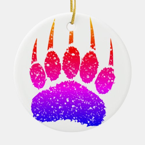 Rainbow Glitter Bear Paw Print Drawing Ceramic Ornament