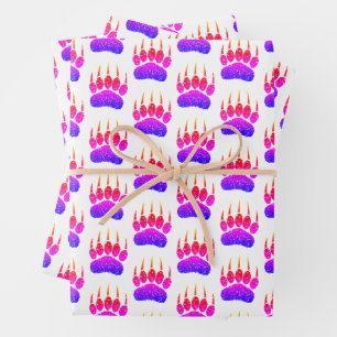 Rainbow Glitter Bear Paw Print Drawing Wrapping Paper Sheets