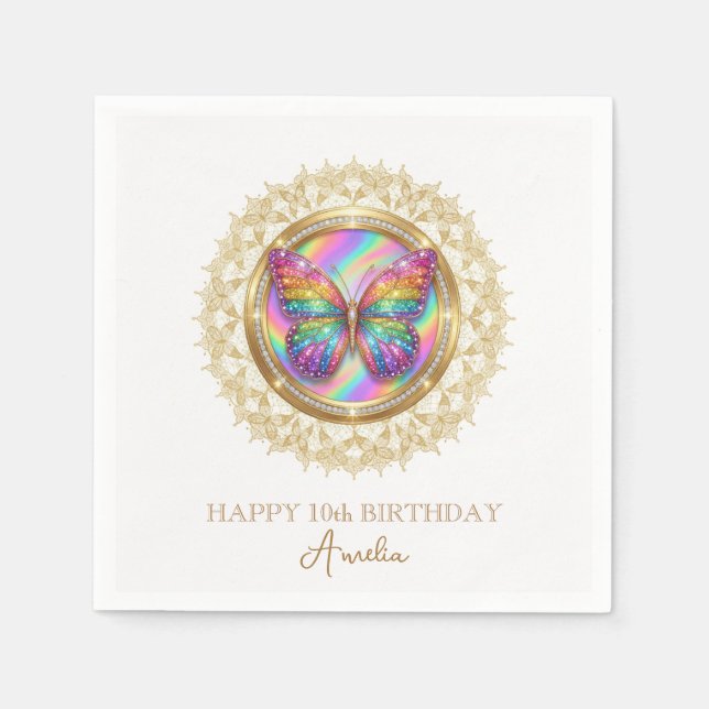 Rainbow Glitter Butterfly Elegant Lace Party Napkins (Front)