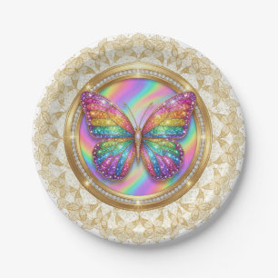 Rainbow Glitter Butterfly Elegant Lace Party Paper Plates
