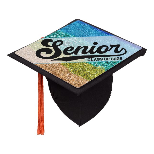 Rainbow Glitter Class of 2026 Script Design Graduation Cap Topper (Angled)