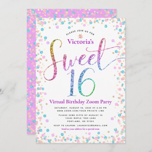 Rainbow Glitter Confetti Virtual Sweet 16 Birthday Invitation