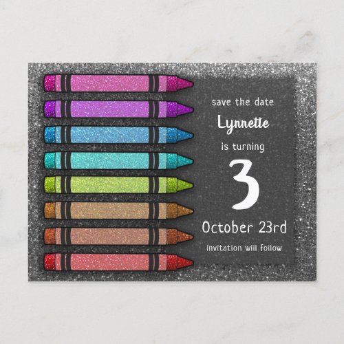 Rainbow Glitter Crayon Cute Save The Date Birthday Announcement Postcard