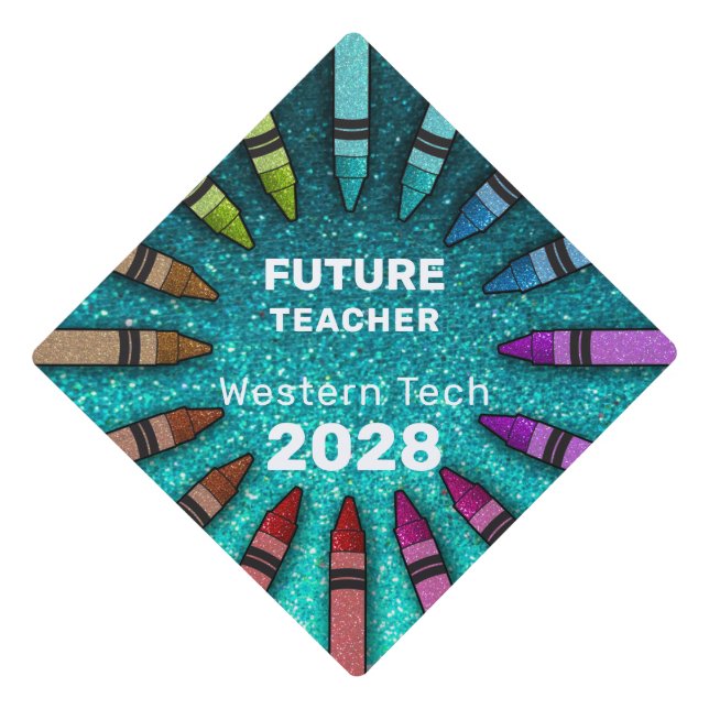 Rainbow Glitter Crayons Elementary School Teacher Graduation Cap Topper (Front)