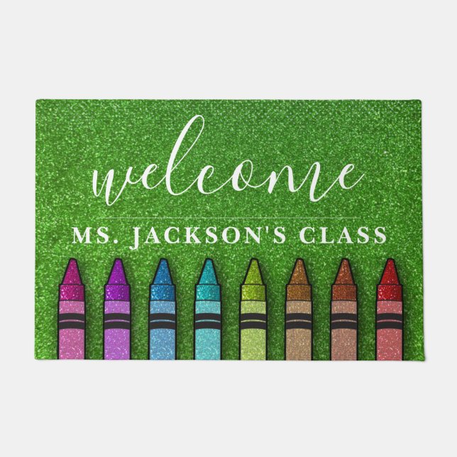 Rainbow Glitter Crayons Teacher Classroom School Doormat (Front)