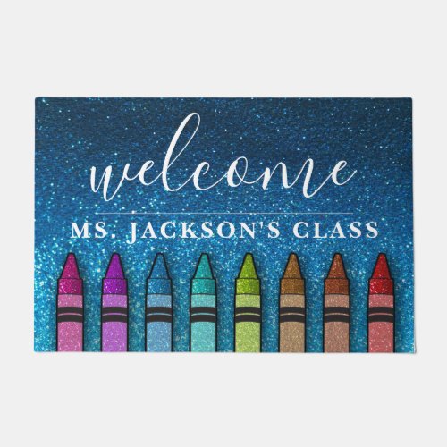 Rainbow Glitter Crayons Teacher Classroom School Doormat