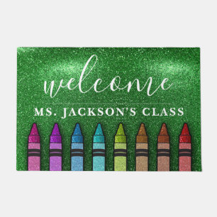 Rainbow Glitter Crayons Teacher Classroom School Doormat