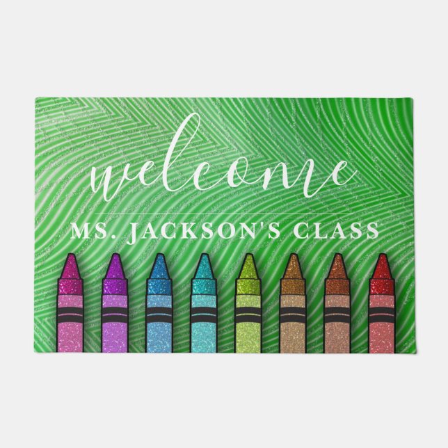Rainbow Glitter Crayons Teacher Classroom School Doormat (Front)