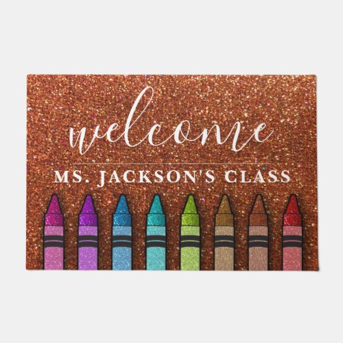 Rainbow Glitter Crayons Teacher Classroom School Doormat