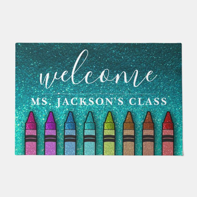 Rainbow Glitter Crayons Teacher Classroom School Doormat (Front)