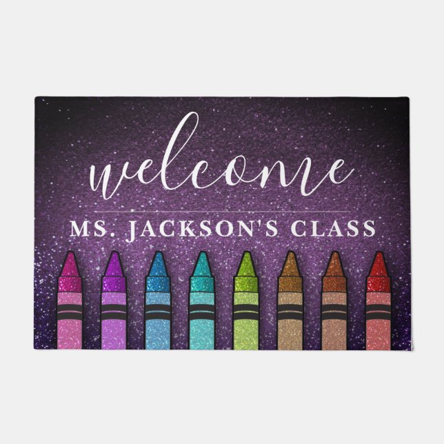 Rainbow Glitter Crayons Teacher Classroom School Doormat (Front)