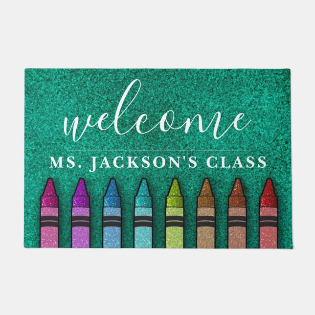 Rainbow Glitter Crayons Teacher Classroom School Doormat (Front)