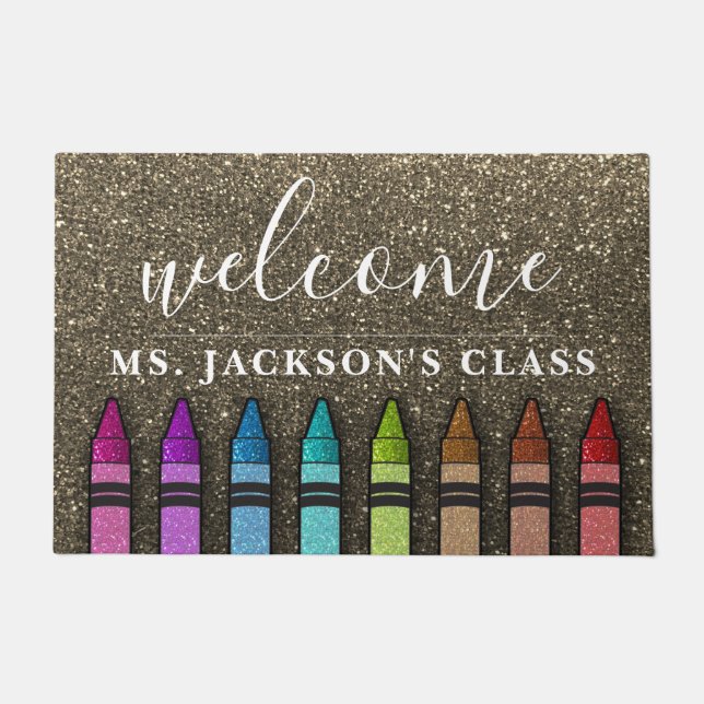 Rainbow Glitter Crayons Teacher Classroom School Doormat (Front)