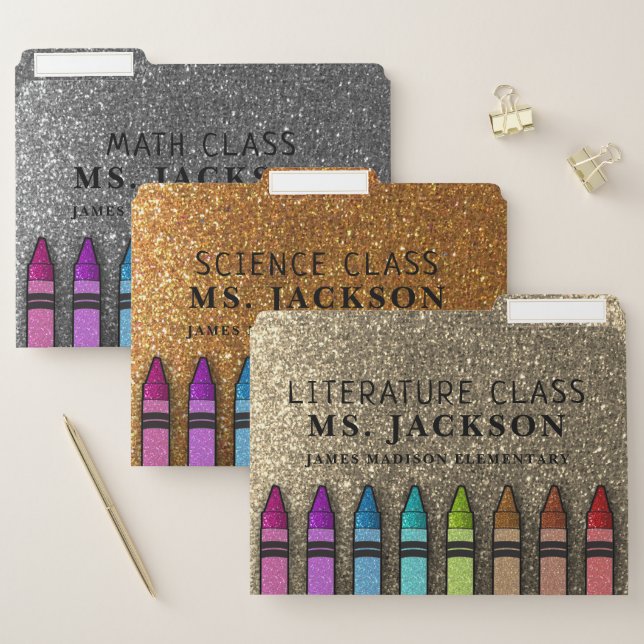 Rainbow Glitter Crayons Teacher School Office File Folder (Set)