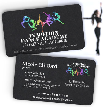 Rainbow Glitter Dance Studio Black Business Cards by YourLogoHereCustom at Zazzle