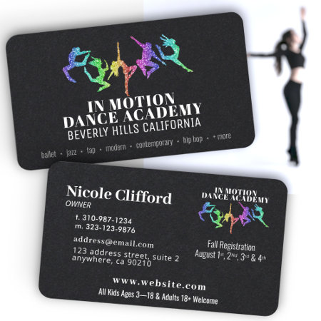 Rainbow Glitter Dance Studio Black Business Cards