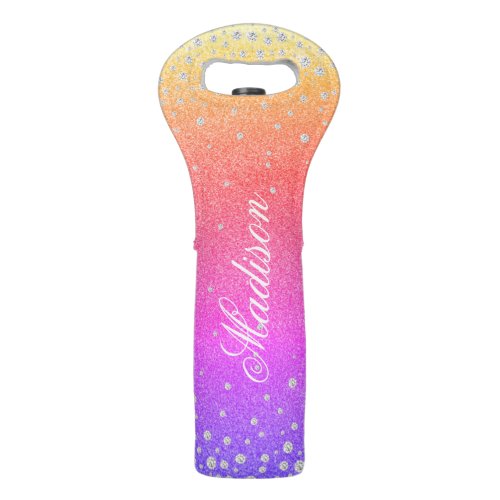 Rainbow Glitter Diamonds Personalized Name Wine Bag