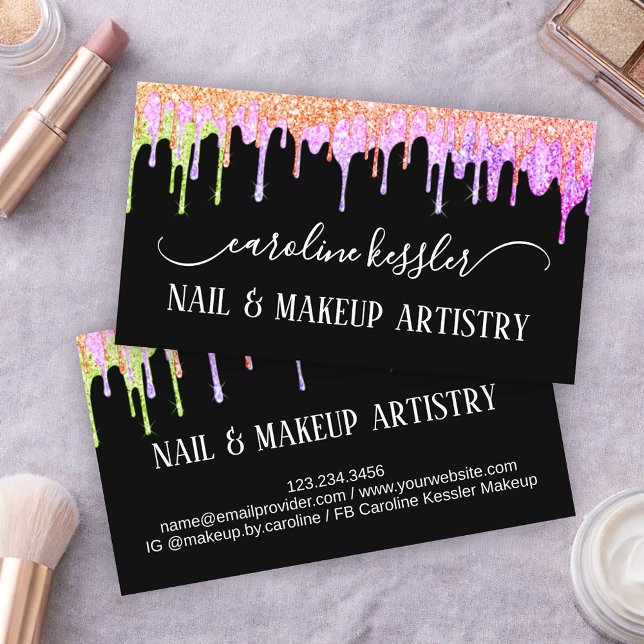 Rainbow Glitter Drip Beauty Makeup & Nail Artists Business Card (Creator Uploaded)