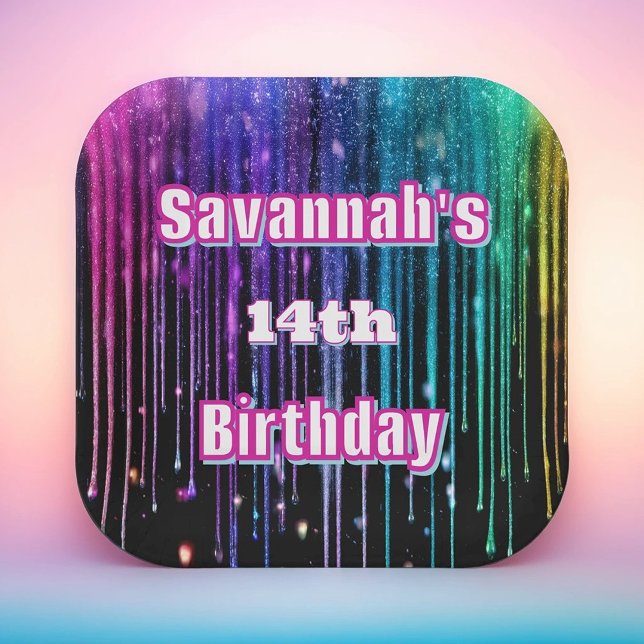 Rainbow Glitter Drip Birthday Party Paper Plates (Creator Uploaded)