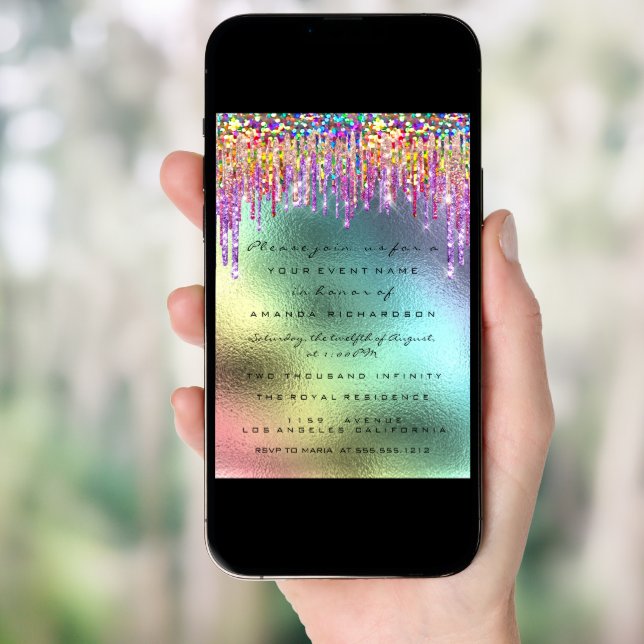 Rainbow Glitter Drip Bridal 16th Unicorn  Invitation (Front Digital)