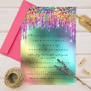 Rainbow Glitter Drip Bridal 16th Unicorn  Invitation by luxury_luxury at Zazzle