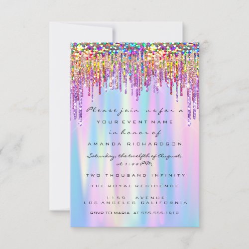 Rainbow Glitter Drip Bridal Sweet 16th Holographic Invitation