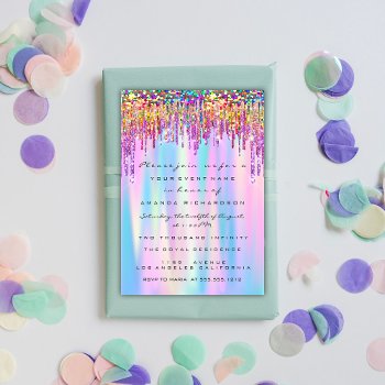 Rainbow Glitter Drip Bridal Sweet 16th Holographic Invitation by luxury_luxury at Zazzle