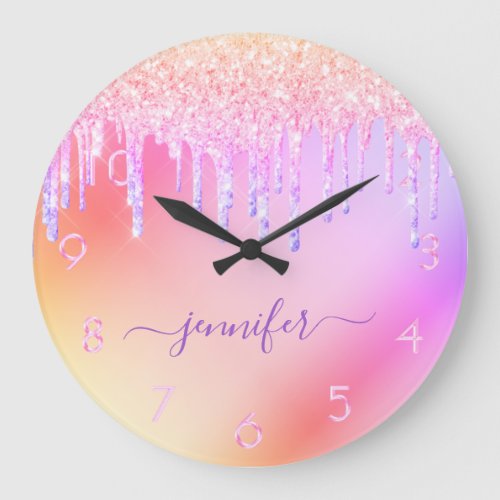 Rainbow glitter drip pink purple monogram script large clock