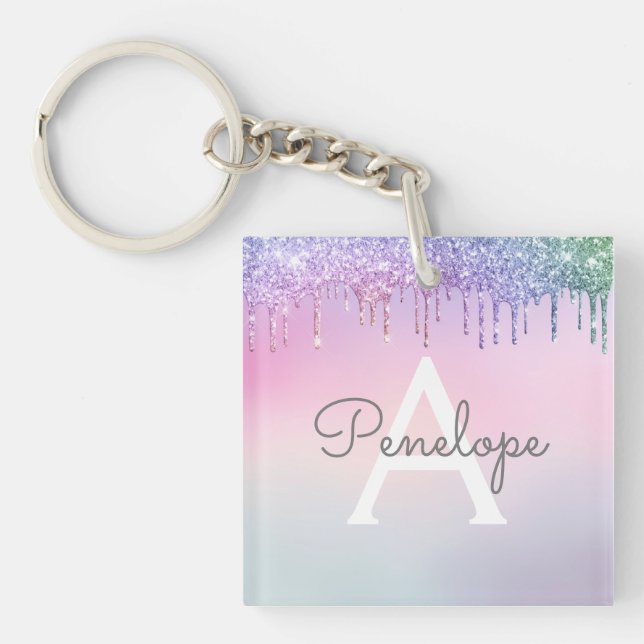 Rainbow Glitter Dripping Glam With Monogram Keychain (Front)