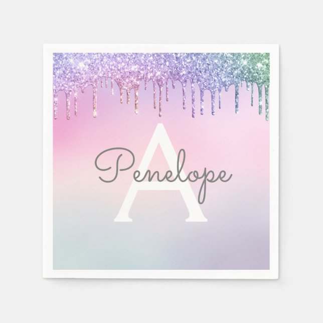 Rainbow Glitter Dripping Glam With Monogram Napkins (Front)