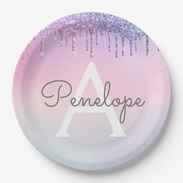 Rainbow Glitter Dripping Glam With Monogram Paper Plates (Front)