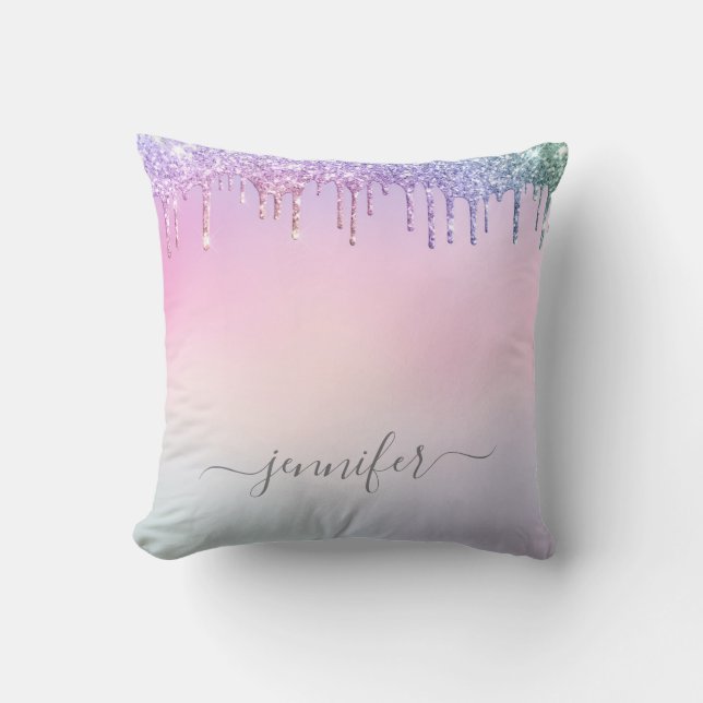 Rainbow Glitter Dripping Glam With Monogram Throw Pillow (Front)