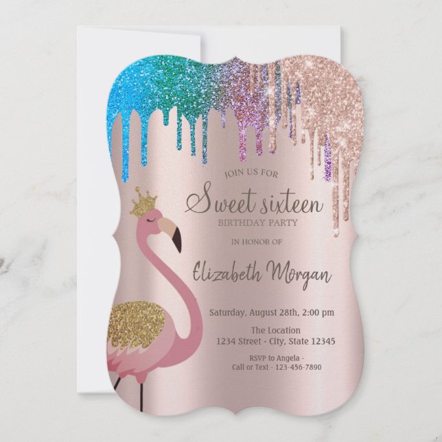 Rainbow Glitter Drips Flamingos Sweet 16 Birthday Invitation (Front)