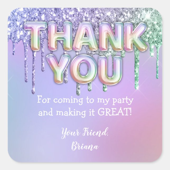 Rainbow Glitter Drips Girl Birthday Party Favor Square Sticker (Front)