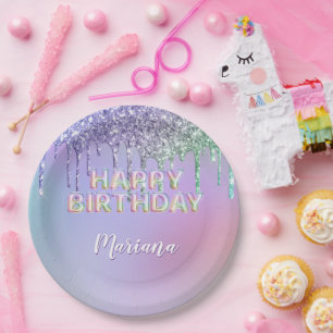 Rainbow Glitter Drips Girl Birthday Party Paper Plates