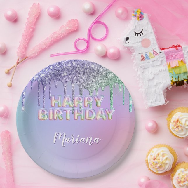 Rainbow Glitter Drips Girl Birthday Party Paper Plates (Party)
