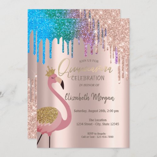 Rainbow Glitter Drips Pink Flamingos Quinceaera I Invitation