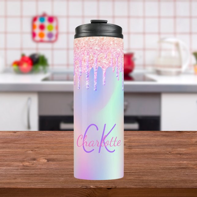 Rainbow glitter drips pink holographic monogram thermal tumbler (Creator Uploaded)