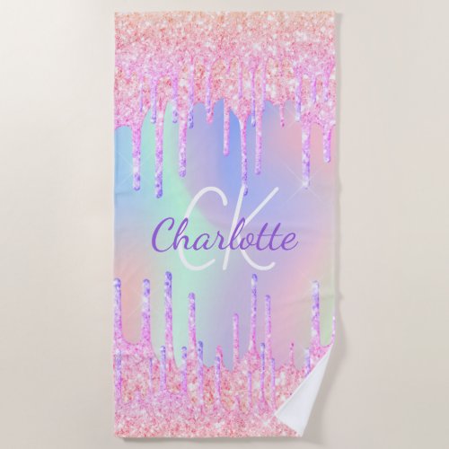 Rainbow glitter drips pink monogram beach towel