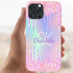 Rainbow glitter drips pink monogram iPhone 15 case<br><div class="desc">A trendy holographic background with unicorn and rainbow pastel colors in pink, purple, rose gold, mint green. Decorated with faux glitter drips in rose gold, pink and purple. Personalize and add a name, and monogram initials Purple and white colored letters. A bit of everyday glam to brighten up your day!...</div>