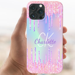 Rainbow glitter drips pink monogram iPhone 15 case