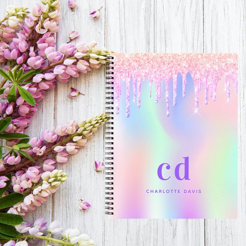 Rainbow glitter drips pink monogram diary notebook