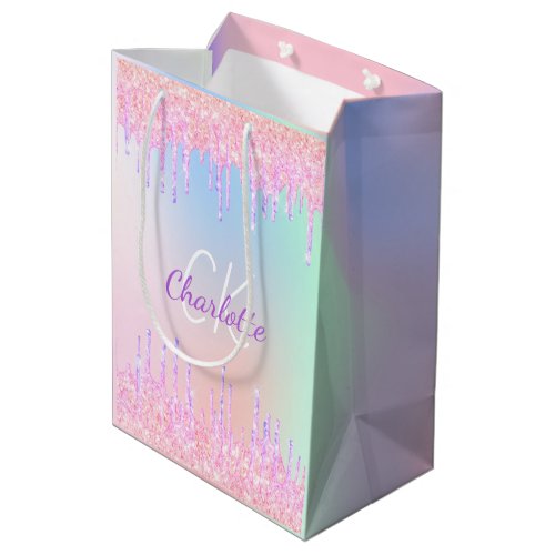 Rainbow glitter drips pink monogram luxury medium gift bag