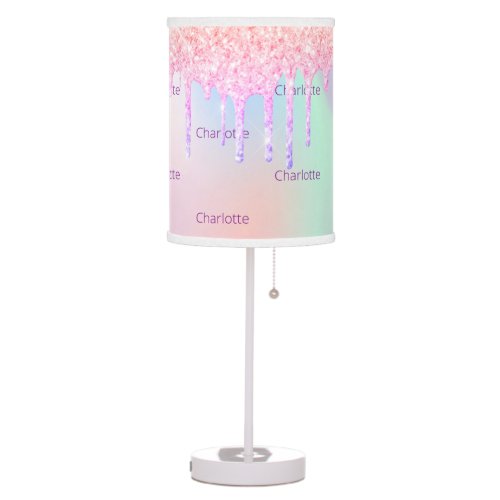 Rainbow glitter drips pink monogram name table lamp