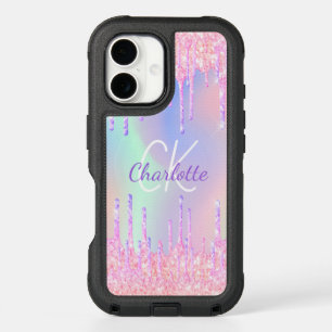 Rainbow glitter drips pink monogram iPhone 16 case