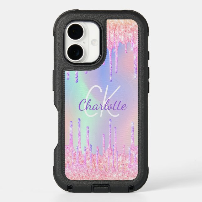 Rainbow glitter drips pink monogram otterbox iPhone case (Back)